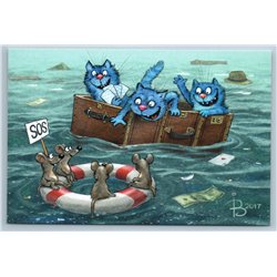 FUNNY CATS rescue Mouse Mice SOS Sea shipwreck Comic Humor Russian New Postcard