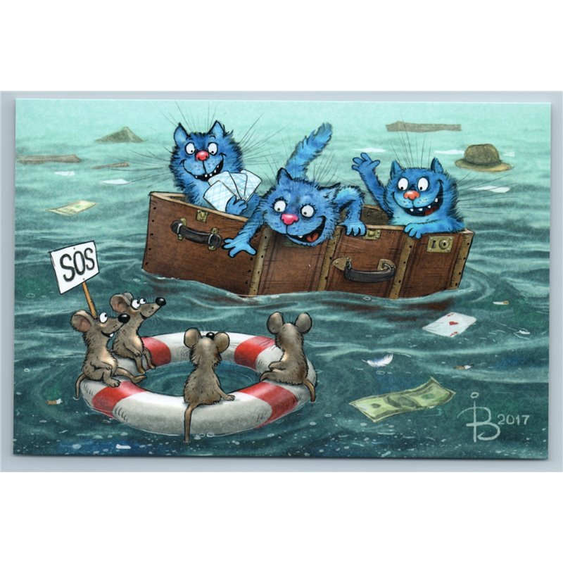 FUNNY CATS rescue Mouse Mice SOS Sea shipwreck Comic Humor Russian New Postcard