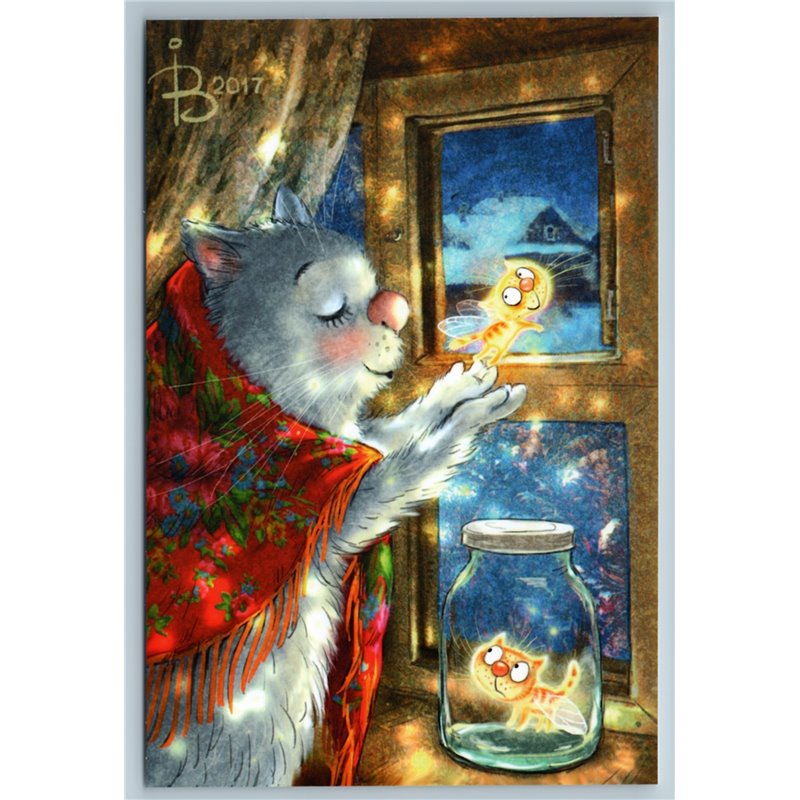 CAT and Glowworm Fly away FUNNY by Zeniuk New Unposted Postcard