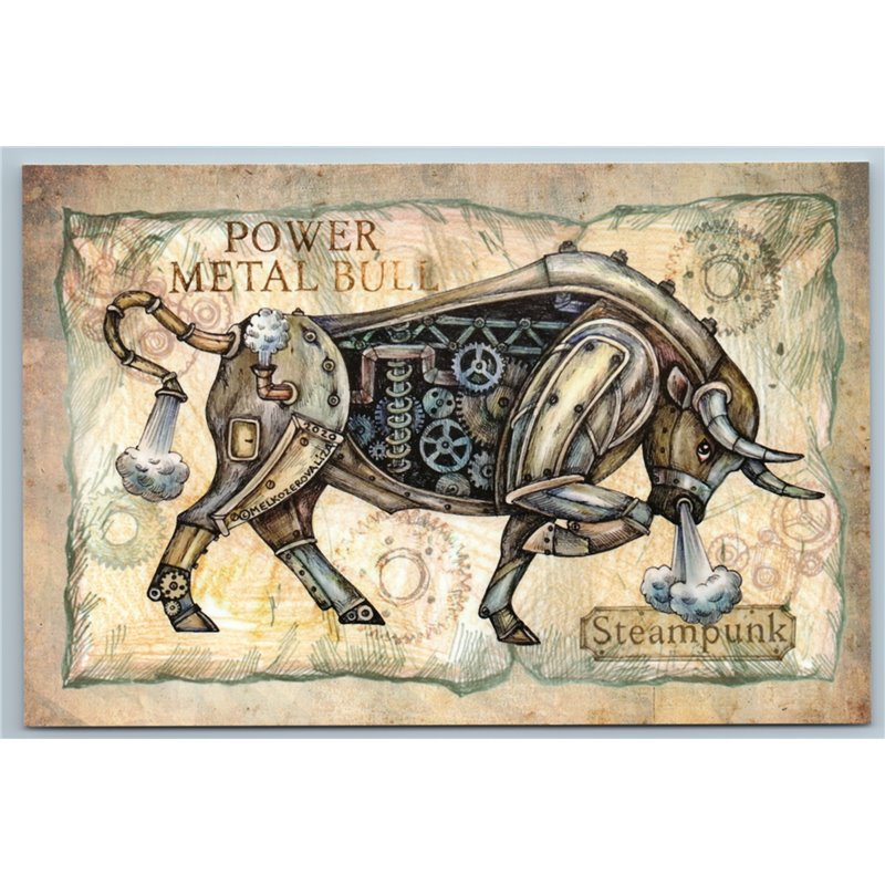 STEAMPUNK POWER METAL BULL Unusual Animal Graphic Russia New Postcard