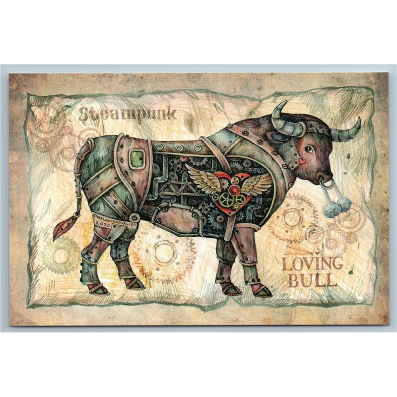 STEAMPUNK LOVING BULL Unusual Animal Graphic Heart Russia New Postcard