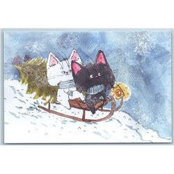 TWO CATS on sled with Christmas Tree Fir Funny Humor Holiday Russia New Postcard