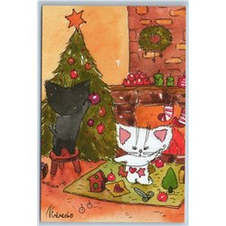 TWO CATS decorate Christmas Tree Ball Fireplace Holiday Eve Russian New Postcard