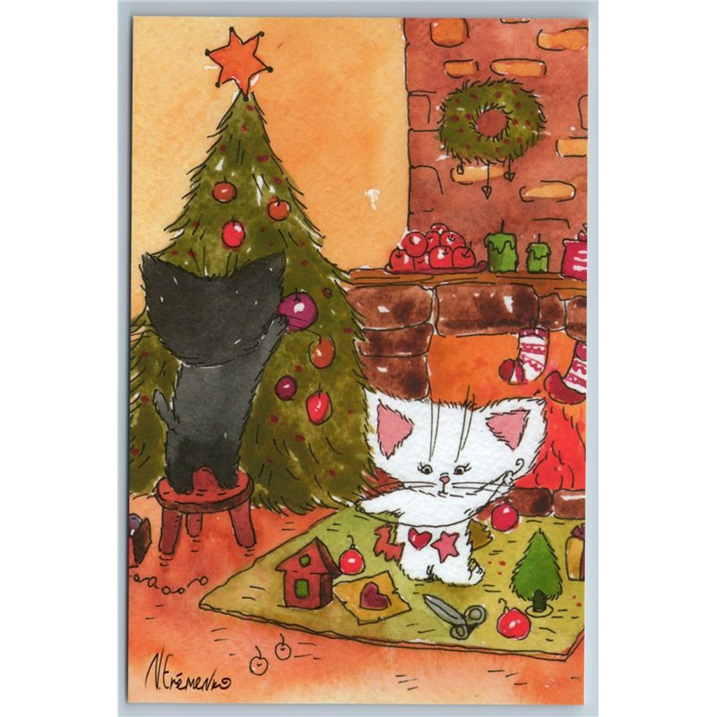 TWO CATS decorate Christmas Tree Ball Fireplace Holiday Eve Russian New Postcard