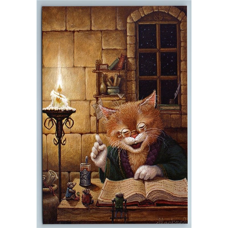 RED CAT read Book to Mouse Mice Candle Window Fantasy Russian New Postcard