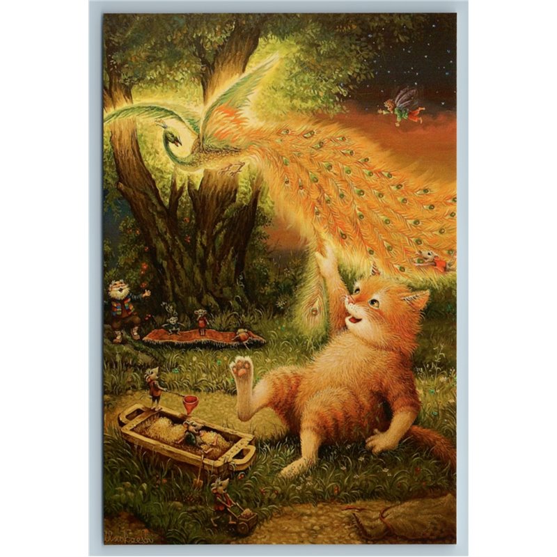 RED CAT catch FIREBIRD Golden Sparrow Russian Fantasy Tale New Unposted Postcard