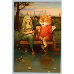 FUNNY CAT drinks w/ MERMAID on River Pier Mice Russian Fantasy Tale New Postcard