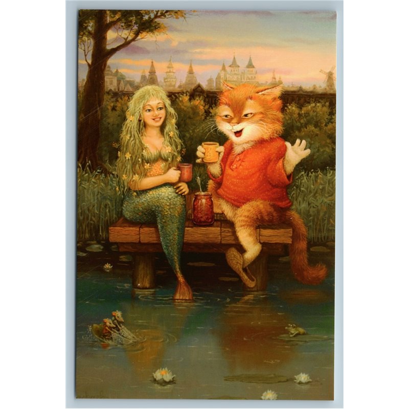 FUNNY CAT drinks w/ MERMAID on River Pier Mice Russian Fantasy Tale New Postcard