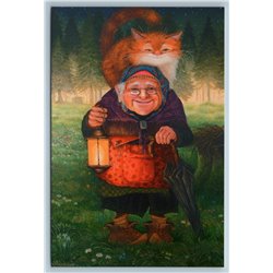 ELDER WOMAN with Red Cat goes to Forest for firewood Funny Russian New Postcard