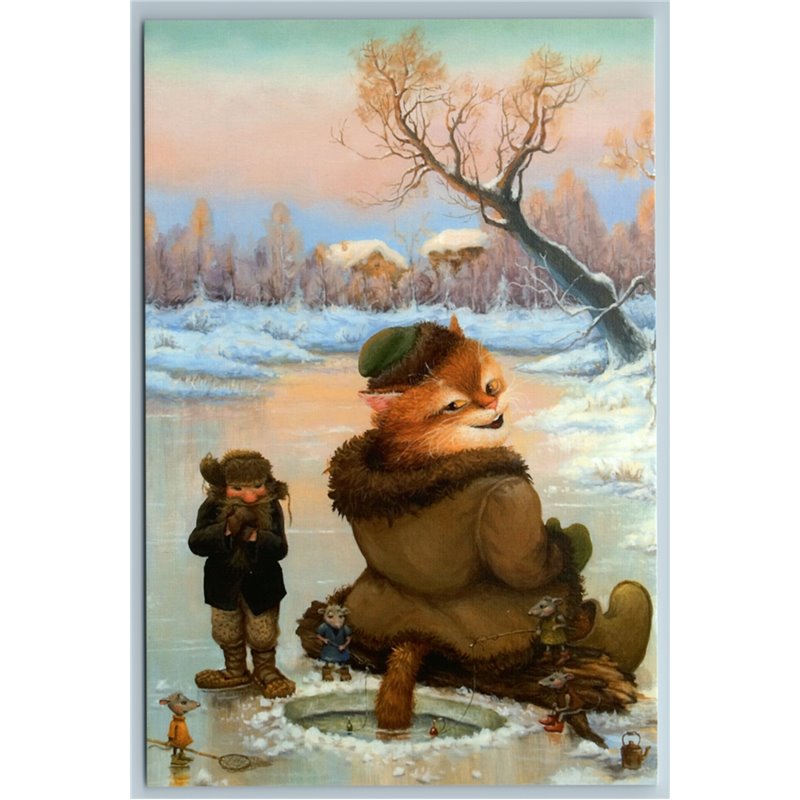 RED CAT catching fish on tail Winter fishing Mouse Brownie Russian New Postcard