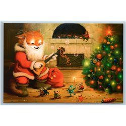 RED CAT play Music to Mouse Mice Happy New Year Christmas Russian New Postcard