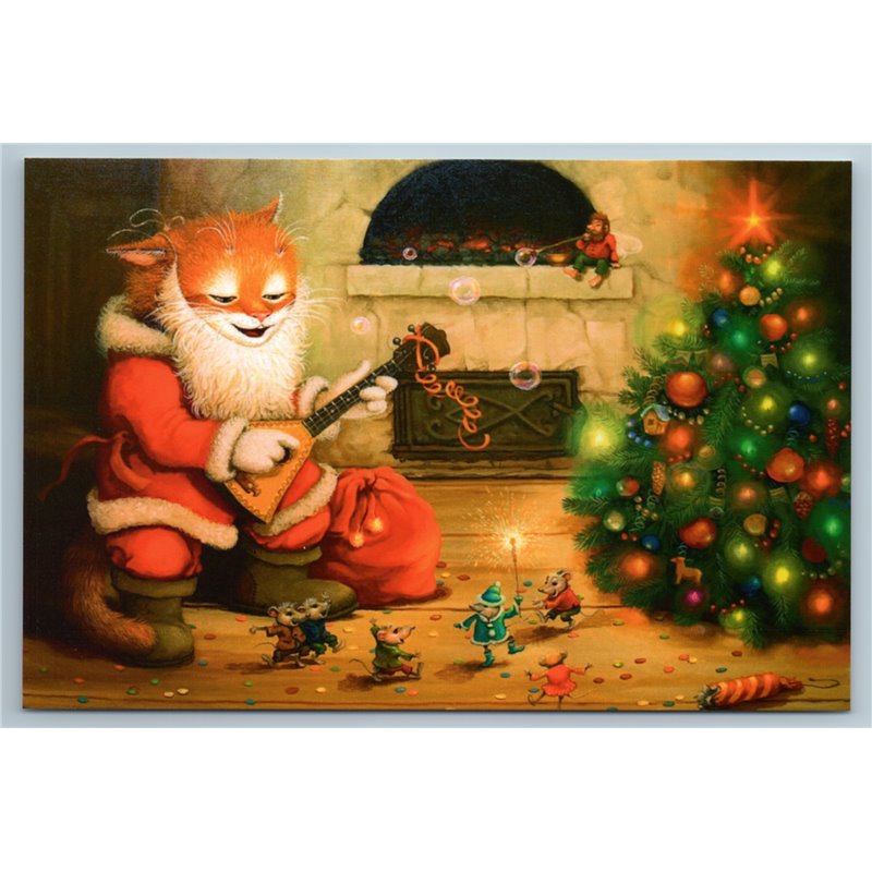 RED CAT play Music to Mouse Mice Happy New Year Christmas Russian New Postcard