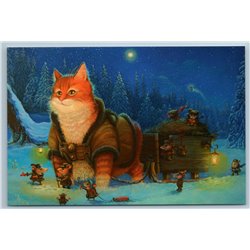 RED CAT transporting Christmas tree Mouse Mice Snow Winter Forest New Postcard