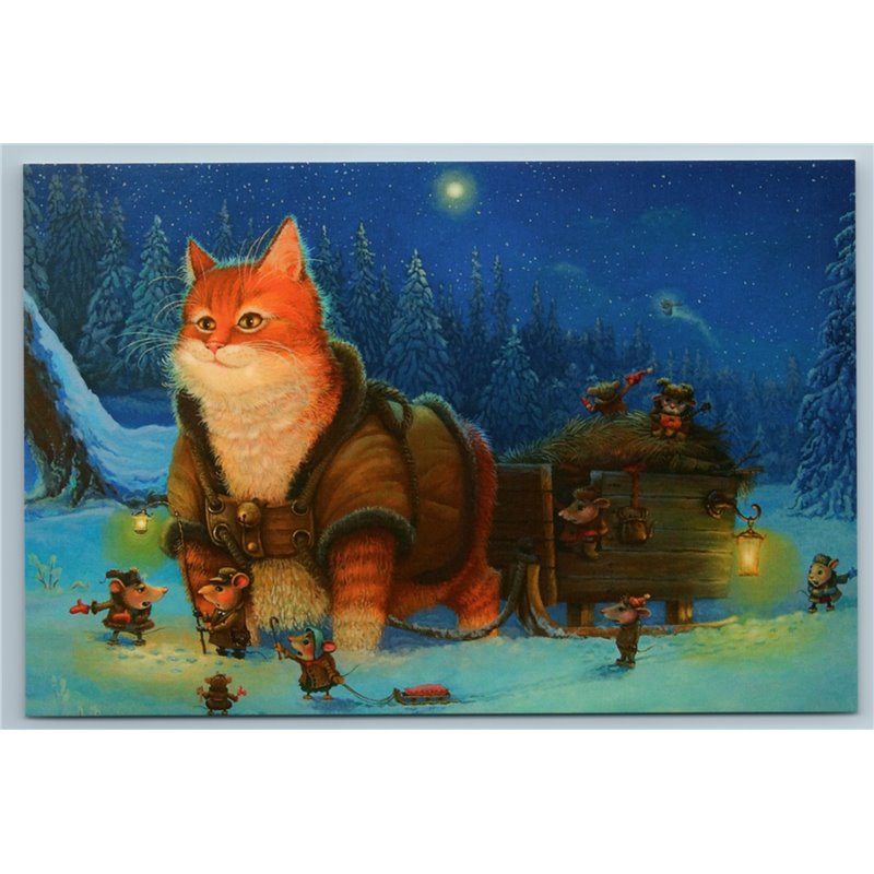 RED CAT transporting Christmas tree Mouse Mice Snow Winter Forest New Postcard