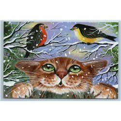 RED CAT watching birds Bullfinch and Tit Snow Winter Forest Russian New Postcard