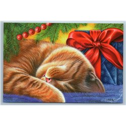 RED CAT sleep under Christmas Tree Present Gift Decorate Russian New Postcard