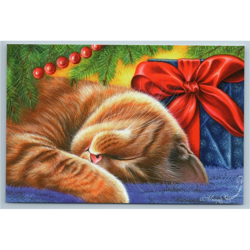 RED CAT sleep under Christmas Tree Present Gift Decorate Russian New Postcard