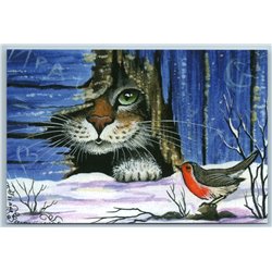 CAT looks out from behind fence on Bird Bullfinch Winter Russian New Postcard