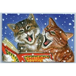 TWO CATS singing Christmas carols Snow Winter Funny Comic Russian New Postcard