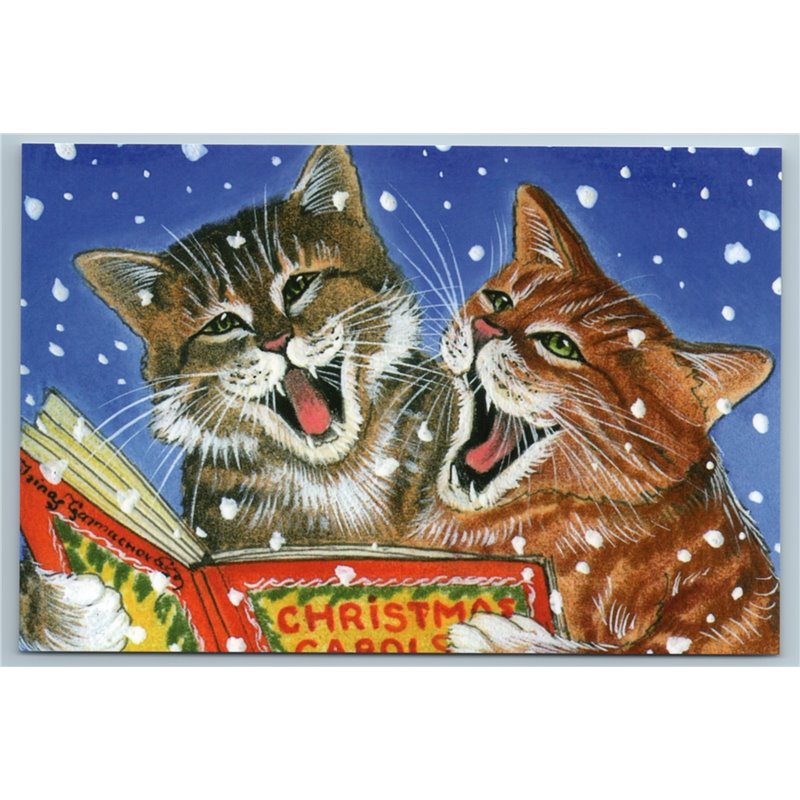 TWO CATS singing Christmas carols Snow Winter Funny Comic Russian New Postcard