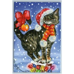 CAT in Santa Hat as Christmas Tree Decorate Ball Garland Russian New Postcard