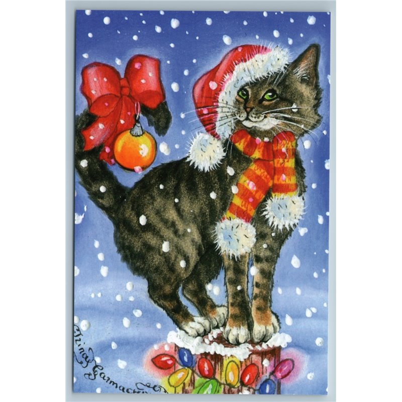 CAT in Santa Hat as Christmas Tree Decorate Ball Garland Russian New Postcard