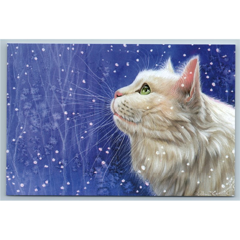 WHITE CAT green eyes look at Snowflake Snow Winter Russian New Postcard