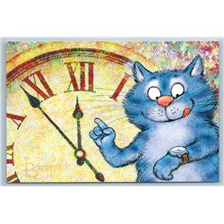 BLUE CAT checks clock by chimes New Year's Midnight Holiday Russian New Postcard