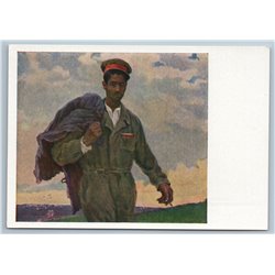 SOLDIER WORKER Asian Soviet working Socialist Realism Soviet USSR Postcard