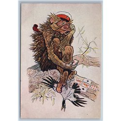 1957 MONKEY with tobacco pipe play Cards Magpie Comic Humor Soviet USSR Postcard