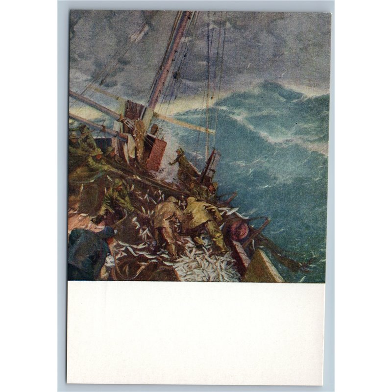 1958 LATVIAN FISHERMEN in Atlantic Boat Ship Storm Fishing Soviet USSR Postcard