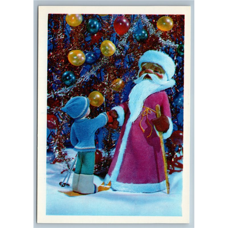 1979 SANTA greetings Little Boy Toys Ski Decoration New Year Unposted Postcard