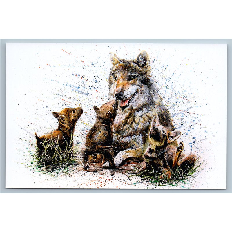 WOLF FAMILY Wolves with puppies Wild Animal Art by Kalinin Russian New Postcard