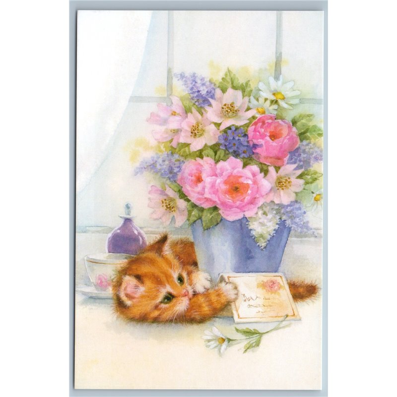 CUTE RED CAT Kitty Flowers Vase LETTER for You Loving Russian New Postcard