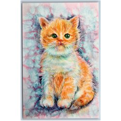 FAT RED CAT with green eyes is TOUCHING kitten Portrait Art Russian New Postcard