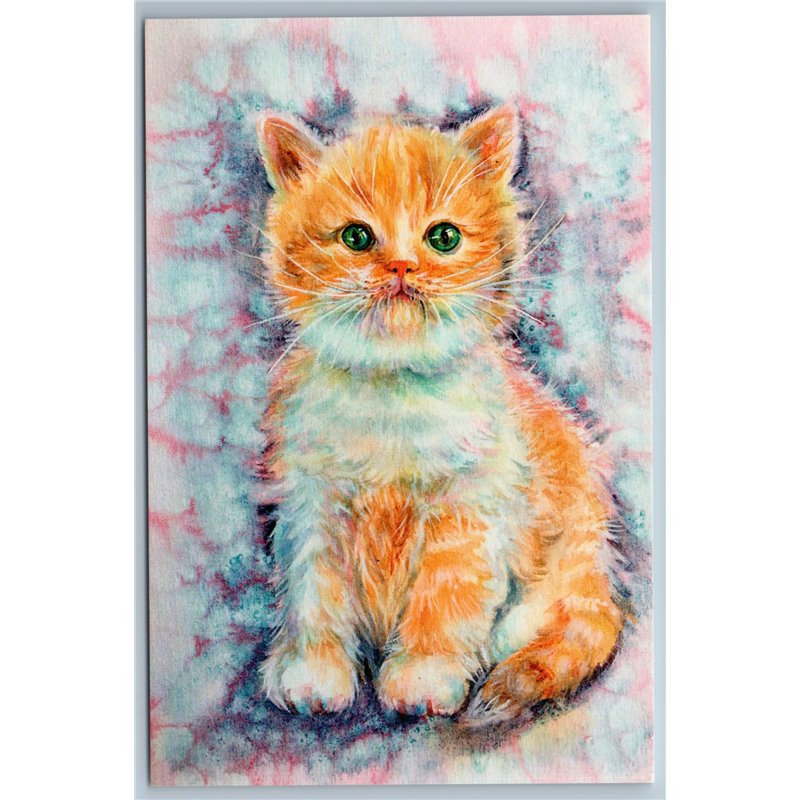 FAT RED CAT with green eyes is TOUCHING kitten Portrait Art Russian New Postcard