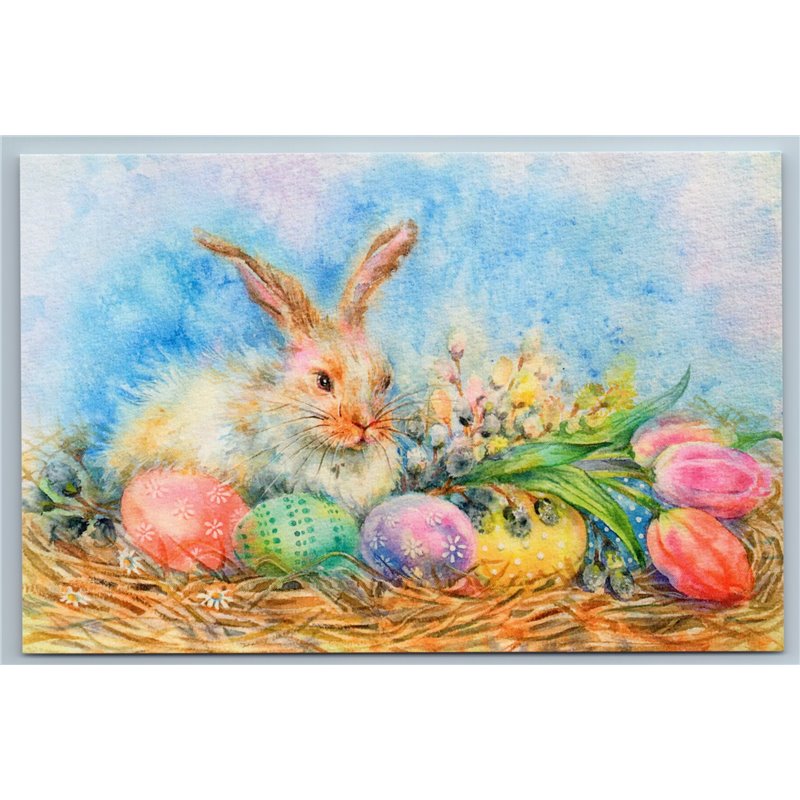 EASTER BUNNY RABBIT Hare Eggs Mimosa Tulips Still Life Russian New Postcard