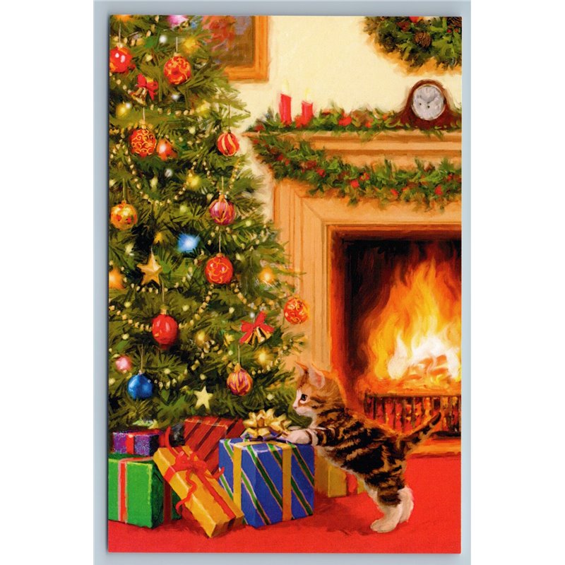 FUNNY CAT want open first Christmas Gift Fireplace Tree Russian New Postcard