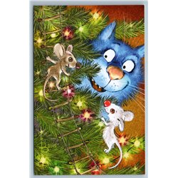 FUNNY MOUSE Mice and Blue CAT decorate Christmas Tree Russian New Postcard