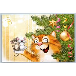 RED CAT n Mouse Mice near Decorated Christmas Tree Friends Russian New Postcard