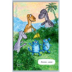 UFO CATS walking near Dinosaurs Humor Funny Russian New Postcard