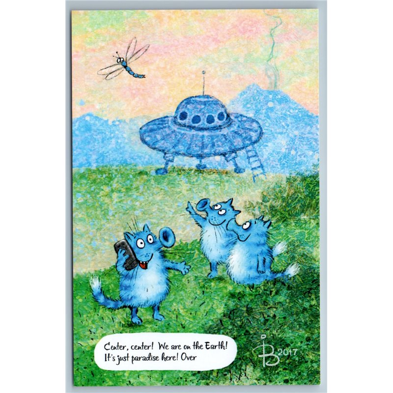 UFO CATS landed on Earth UFOS Comic Humor Russian New Postcard