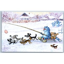 CAT and Dog sledding team for sausage Express Delivery Post Himor New Postcard