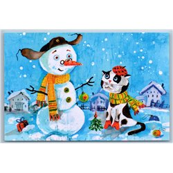 UNUSUAL CAT in Beret and Snowman in Christmas City Russian New Postcard