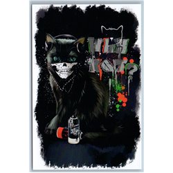 BLACK CAT in Waird Mask Graffity Why Not Unusual Art Russian New Postcard