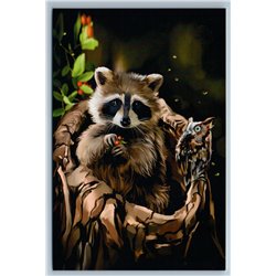 RACCOON and OWL in a hollow tree Berry Forest Friends Russian New Postcard