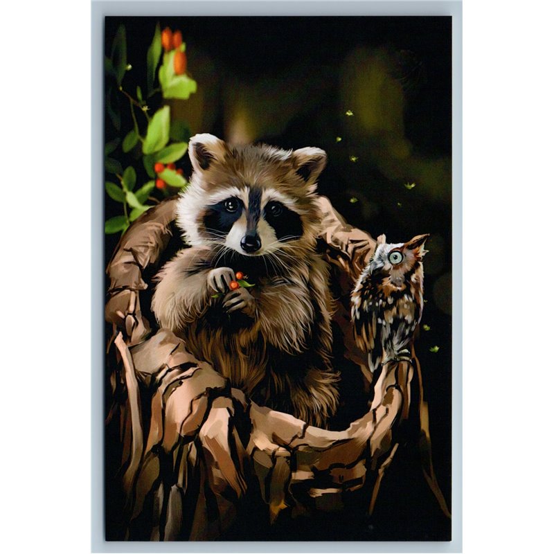 RACCOON and OWL in a hollow tree Berry Forest Friends Russian New Postcard