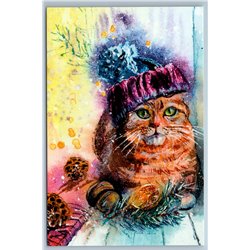 RED CAT in knitted hat Christmas Pine Ready for Winter New Postcard