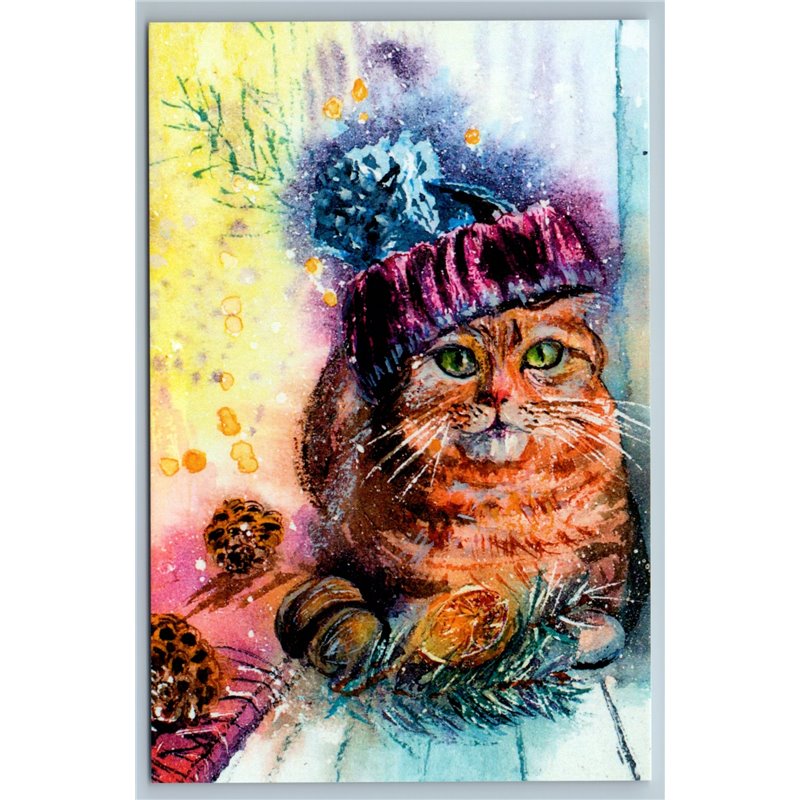 RED CAT in knitted hat Christmas Pine Ready for Winter New Postcard