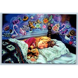 LITTLE GIRL sleeps CHRISTMAS DREAM Teddy Bear Russian Unposted Postcard